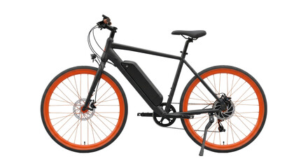 Sleek, modern electric bicycle, matte black, orange rims/spokes, integrated black battery, disc brake, deployed kickstand on transparent background, concept of urban efficiency