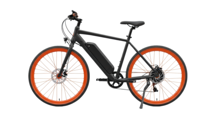 Sleek, modern electric bicycle, matte black, orange rims/spokes, integrated black battery, disc brake, deployed kickstand on transparent background, concept of urban efficiency