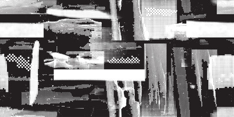 Glitch distorted grungy abstract forms . Halftone dots seamless pattern . Grange shapes .Grunge d . Vector shapes with half tone dots .Screen print endless pattern
