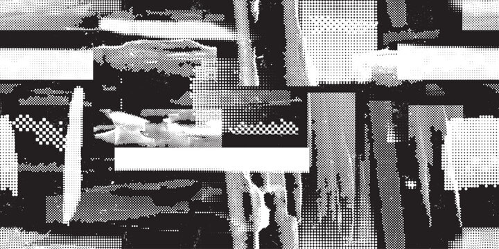 Glitch distorted grungy abstract forms . Halftone dots seamless pattern . Grange shapes .Grunge d . Vector shapes with half tone dots .Screen print endless pattern
