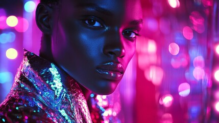 A striking portrait bathed in vibrant neon lights. The model showcases elegance with an impeccable style. This captivating image inspires creativity. Generative AI