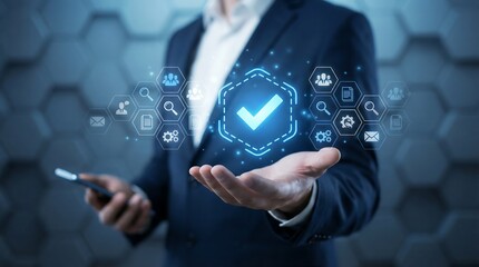a professional businessman presenting a glowing holographic interface with security icons and a prominent checkmark symbolizing data protection and digital trust high quality