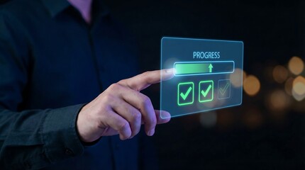 A person interacts with a futuristic glowing interface displaying progress indicators including checkmarks and a progress bar representing successful completion and advancement