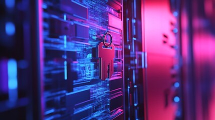 A vivid depiction of cybersecurity with a focus on protection. A locked padlock stands out among vibrant digital circuits. This image symbolizes data security and safety. Generative AI