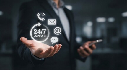 a businessman holding his hand out to showcase digital icons representing customer support including a phone email and chat suggesting 24 7 availability