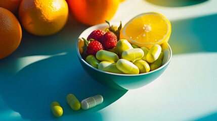 A vibrant display of health and nutrition featuring a bowl of colorful capsules alongside fresh strawberries and citrus fruits. Embrace wellness with these vibrant choices. Generative AI