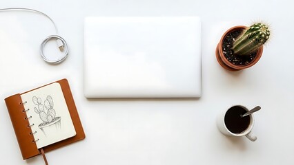 Naklejka premium Modern overhead view of a clean, minimalist workspace featuring a laptop, refreshing coffee, and a green cactus on a bright white desk, perfect for focused creativity or remote work
