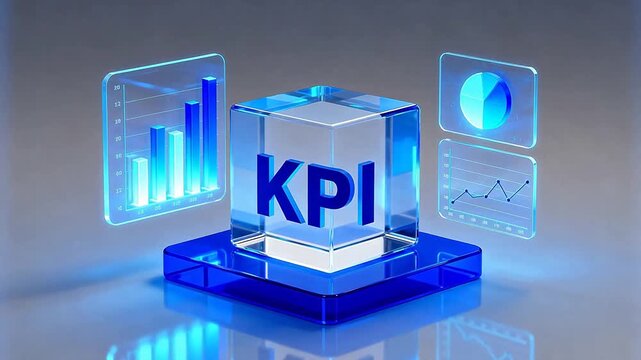 Transparent cube with KPI text surrounded by data charts and graphs
