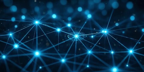 Abstract blue digital network with glowing nodes and connections, representing data flow, artificial intelligence, cybersecurity, blockchain technology, and futuristic global connectivity - Powered by Adobe
