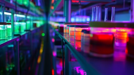 Vibrant laboratory scene showcasing illuminated petri dishes filled with colorful samples. The experimental setup highlights the future of science and innovation. Generative AI