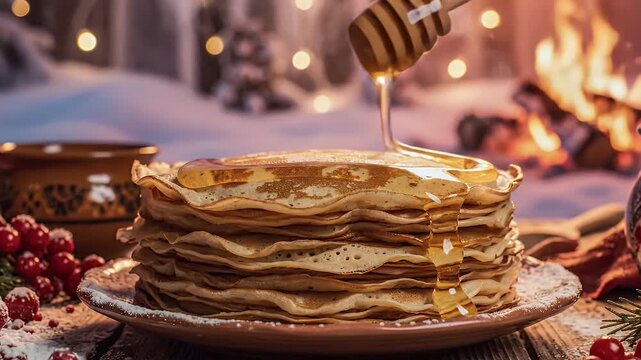 Maslenitsa celebration background with blini and honey drizzle in cozy winter festive ambience