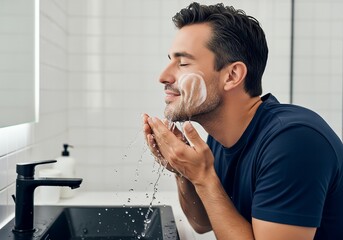 Man washing face with foaming cleanser at bathroom sink, male skincare routine and hygiene concept
