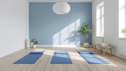 Modern yoga studio space with natural light and minimal decor showing fitness routine meditation and indoor exercise setting
