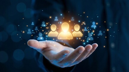 a conceptual image depicting a hand gently holding a glowing network of interconnected people icons symbolizing connection and collaboration in a digital world