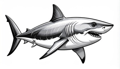 Fototapeta premium Detailed monochrome illustration of a great white shark in profile.