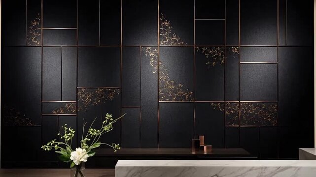 Elegant floral arrangement sits on a counter in front of a geometrically patterned wall.