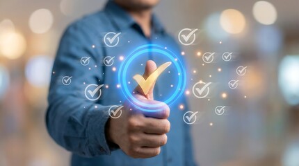 a person interacting with a holographic display of checkmarks and a golden tick symbol suggesting validation or completion of a task high quality