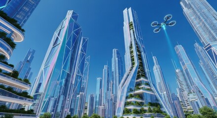 Futuristic Cityscape with Drone and Green Architecture