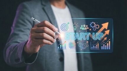 a businessman in a suit is utilizing a digital interface displaying startup concepts with charts and icons pointing with a pen high quality