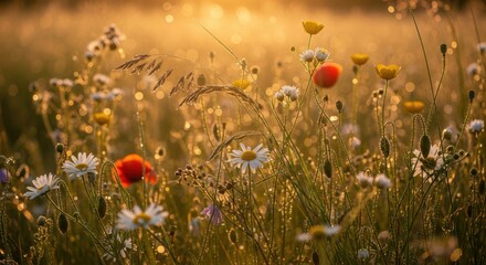 Golden sunrise meadow with dew drops on wildflowers