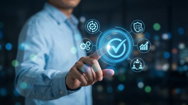 a man interacting with a futuristic digital interface displaying various icons representing quality assurance security and data analytics in a modern business setting