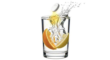 A refreshing glass of water with orange slices and a tablet being dropped in, creating a splash, viewed from the side.