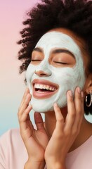 Happy woman with clay mask enjoying skincare routine