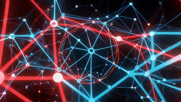 Futuristic 4K sci fi digital loop displaying an abstract molecular network with glowing red blue nodes connections representing data flow science technology advanced artificial 