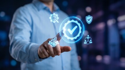 a person interacts with futuristic digital interface elements representing data security quality assurance and technological advancements in a blurred city background high quality