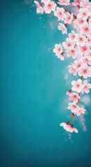 Blooming cherry blossoms on a teal textured background
