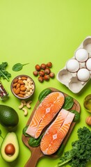 Healthy Keto Diet Food Ingredients on Green Background