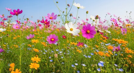 Vibrant Field of Colorful Cosmos Flowers Under Blue Sky
