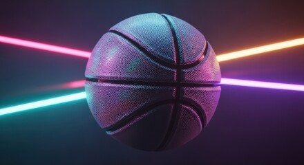 Futuristic basketball illuminated by vibrant neon laser lights