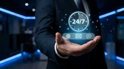 A business professional is presenting a glowing digital interface displaying a 24 7 clock symbolizing constant connectivity and comprehensive support services offered around