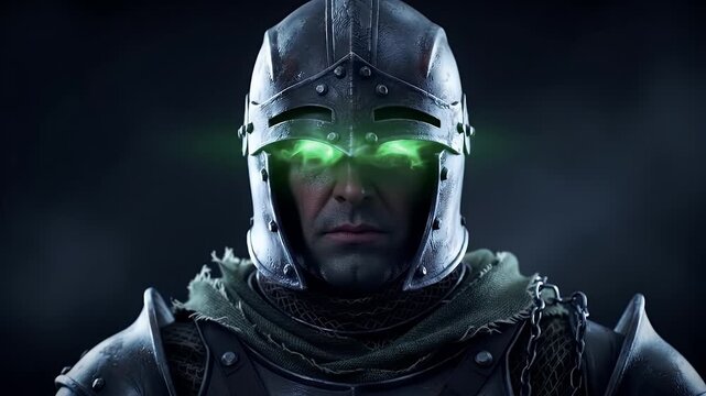 Armored Dark Knight with Glowing Green Eyes, Steel Helmet, and Shadowy Battlefield Backdrop