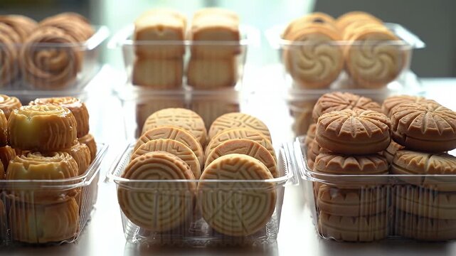 Assorted Chocolate Confections with Swirled and Ridged Patterns in Transparent Tray Display