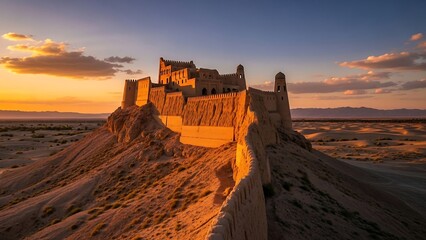 Fototapeta premium Ancient desert castle at sunset landscape.