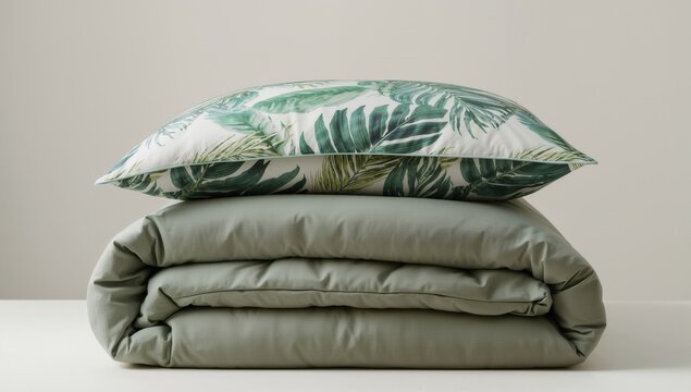 Cushions with botanical print placed on plain background highlighting textile material comfort lifestyle and cozy home furnishing usage