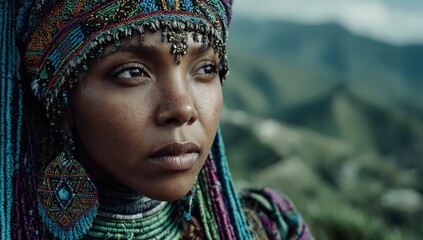 African woman adorned in colorful traditional attire, gazing thoughtfully into the distance, surrounded by lush green mountains, embodying cultural heritage and natural beauty