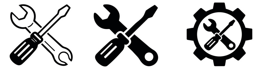 Modern icon set featuring crossed wrench and screwdriver, and a gear with tools for maintenance and service applications
