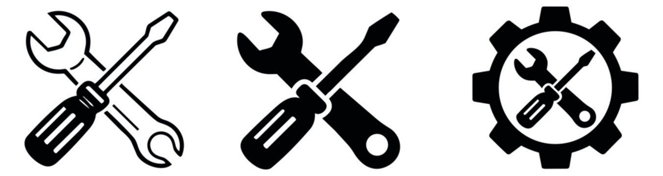 Modern icon set featuring crossed wrench and screwdriver, and a gear with tools for maintenance and service applications