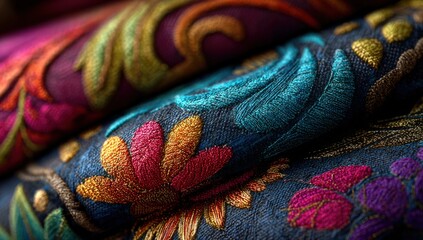 Fototapeta premium Vibrant embroidered fabric showcasing intricate floral patterns in rich colors, highlighting texture and craftsmanship, perfect for textile design inspiration and creative projects