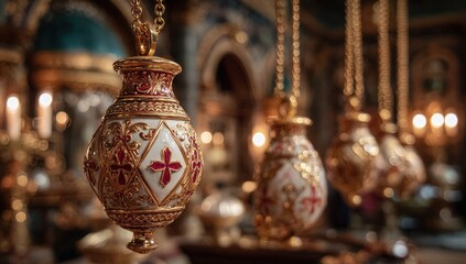 Ornate decorative hanging vessels with intricate designs and vibrant colors, suspended in a beautifully lit interior space, showcasing craftsmanship and artistic heritage