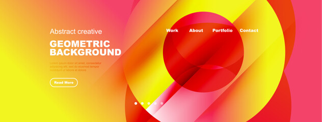 Abstract geometric background. Vibrant colors, flowing shapes, text elements present. Modern design for website header or banner.