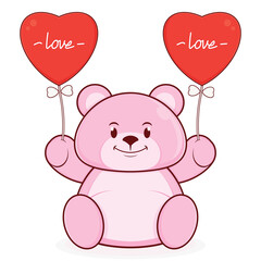 A pink bear holding heart balloons smile face cartoon cute