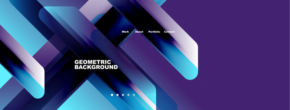 Abstract geometric background features layered shapes, vibrant blues, purples. Navigation includes work, about, portfolio, contact options.