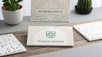 Network Shield Concept with Digital Elements and Cactus on a Wooden Table Surface