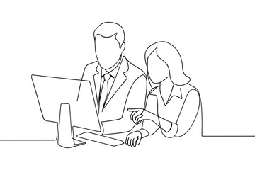 Minimalist Line Art Office Collaboration at Computer Desk