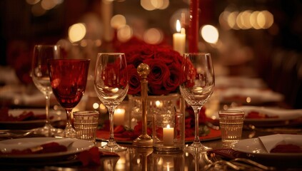Luxury restaurant table arrangement with roses candles and elegant glasses showing romantic ambiance for anniversary or evening celebration