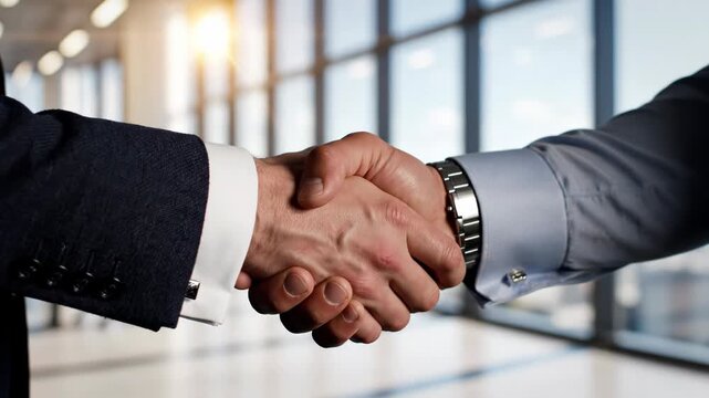 Close up of two businessman hands shaking in agreement inside a modern office building with bright sunlight streaming through the window